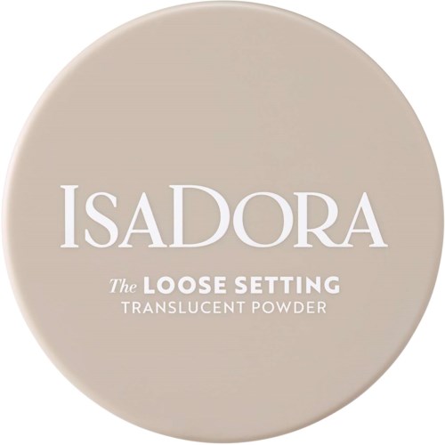 En rund beige behållare med vitt text för Isadora loose setting translucent powder.