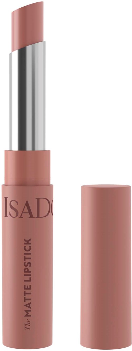 A pink lipstick tube with the cap removed, showing the lipstick inside. The words 'ISAD' and 'matte lipstick' are on the tube.