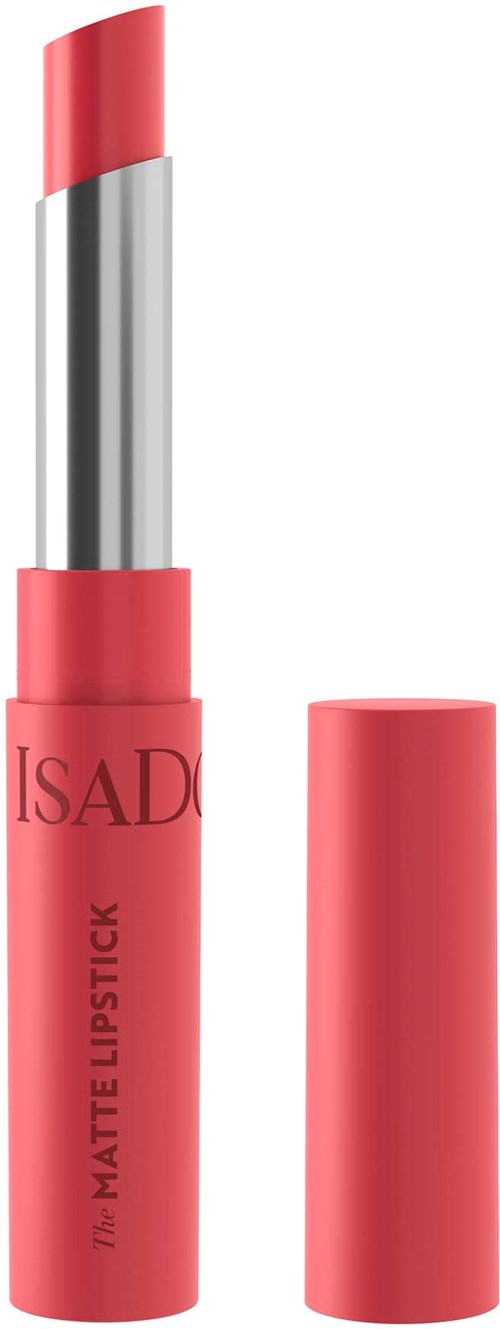 Lippenstift mit silbernem Körper und pinkem Deckel, teilweise geöffnet, zeigt den Lippenstift.