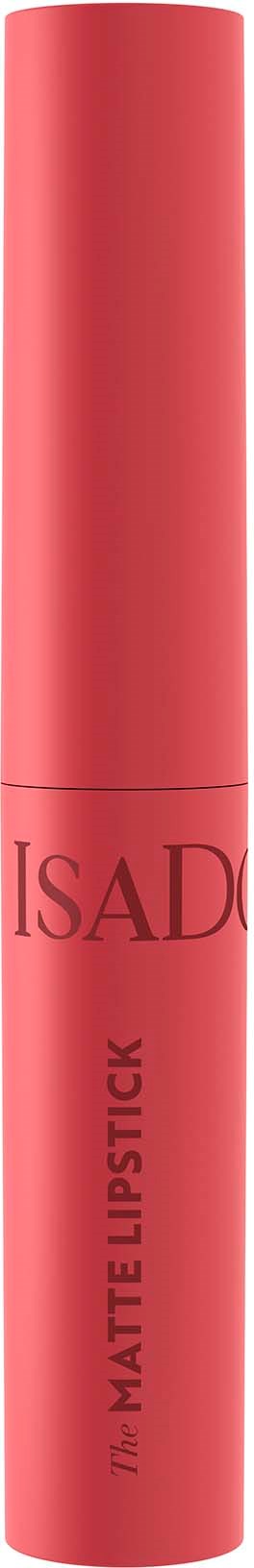 Ein pinker Lippenstift mit mattem Finish und dem Markennamen Isadou. Es hat eine einfache Zylinderform.
