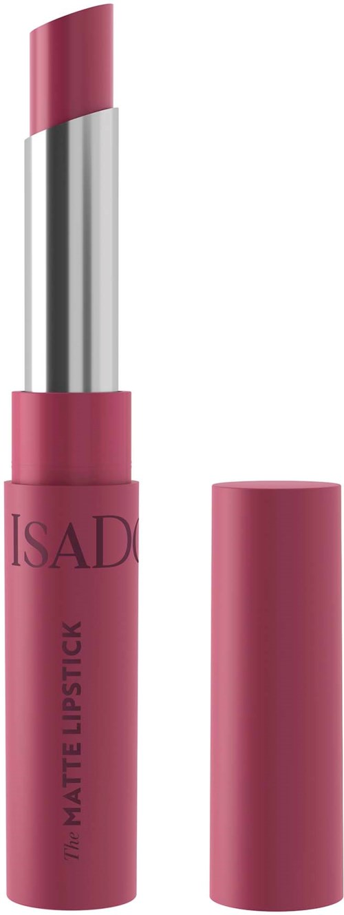 Een roze lippenstift met een zilveren buis en een roze deksel, gemerkt "ISAD" en "Matte Lipstick."
