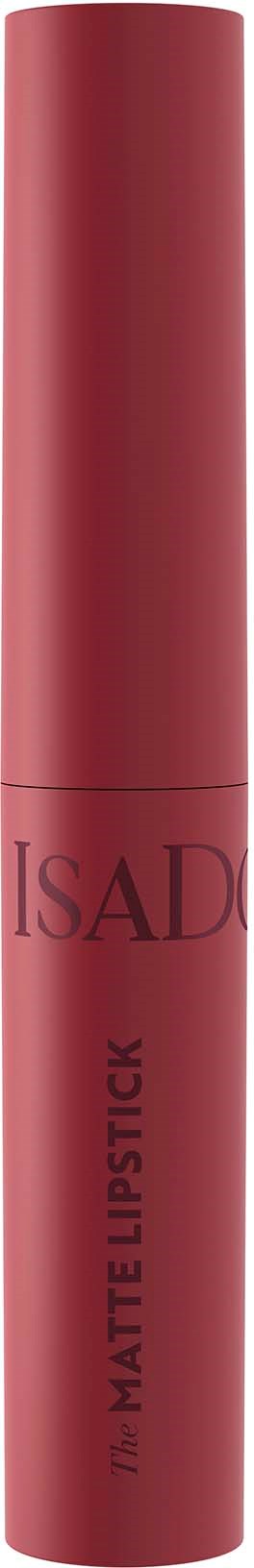 Ein pink-rot Ton Matte Lippenstiftstift mit schwarzem Text, gekennzeichnet "ISADORA" und "MATTE LIPSTICK".