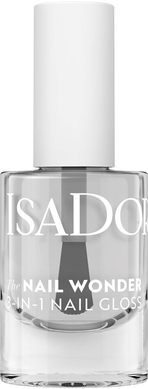 Läpinäkyvä kynsilakka pullo, jossa valkoinen kansi, nimeltä "ISADORE" ja "NAIL WONDER 3-IN-1 NAIL GLOSS."