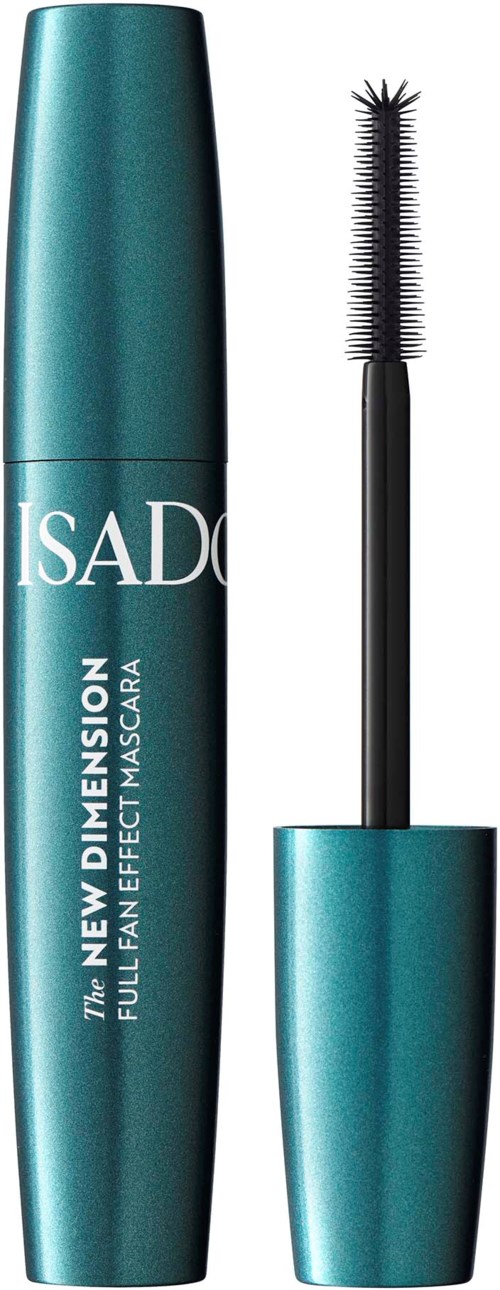 Turquoise mascara-buis met borstel en productnaam.