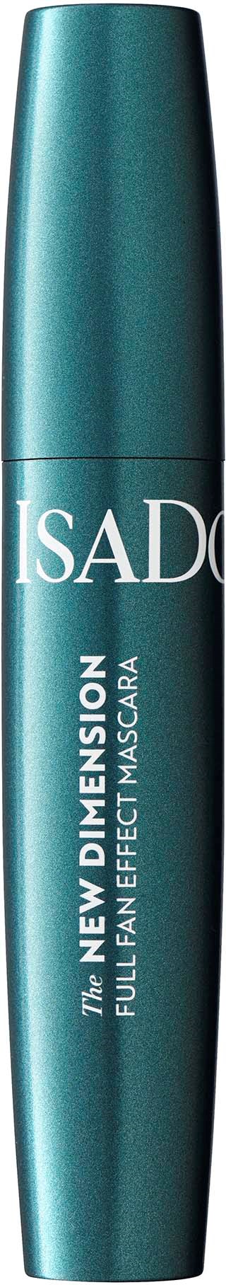 Een blauwgroene mascara-tube met het label "ISADQ The New Dimension Full Fan Effect Mascara."