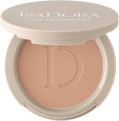 En lille palette med beige pudder og bogstav D, dækket af et låg med 'ISADORA'.