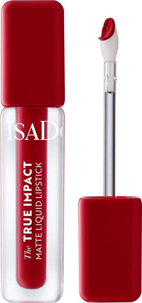 Red liquid lipstick in a clear tube with a red cap and a wand applicator.