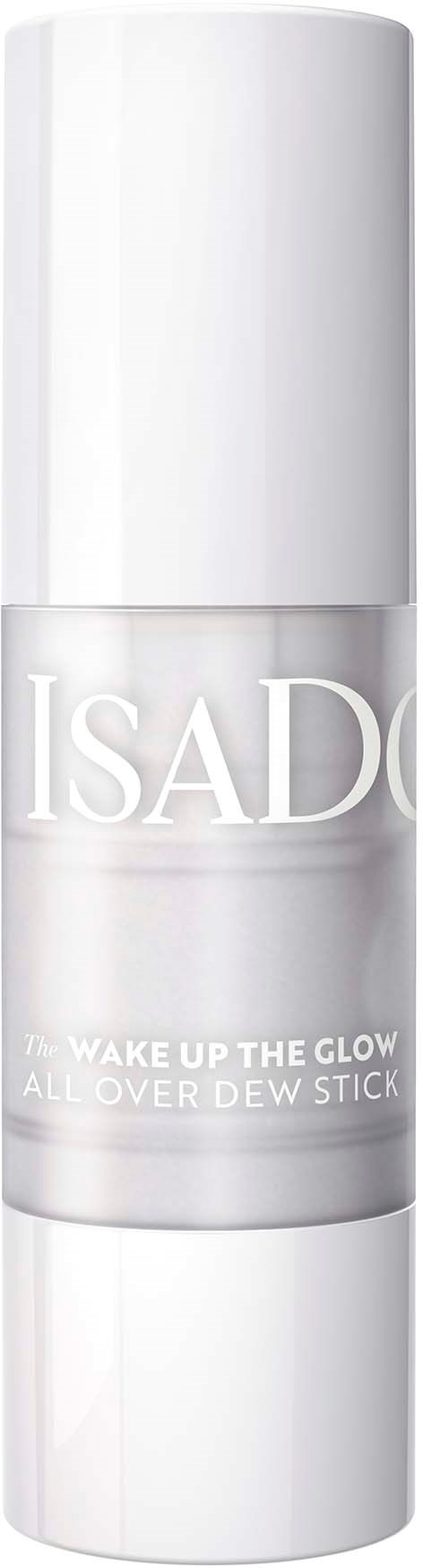 En vit kosmetikflaska med etiketten "ISAD" och "Wake up the glow all over dew stick."
