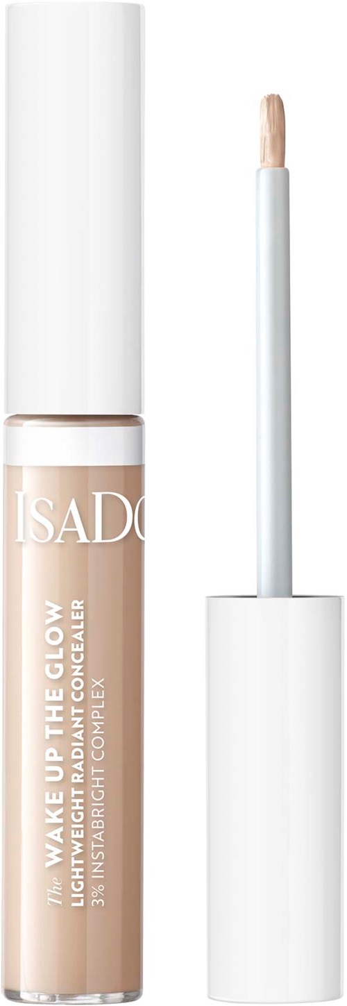 En beige flytande concealer i en genomskinlig tub med vit kork och applikator.