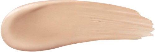 En beige flytande makeupprov spridd ut med en borste, visar slät textur och glänsande finish.