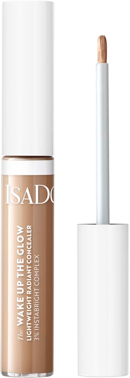 En concealer-fot med vit lock och beige produkt inuti, märkt 'Isado' för hudtäckning.