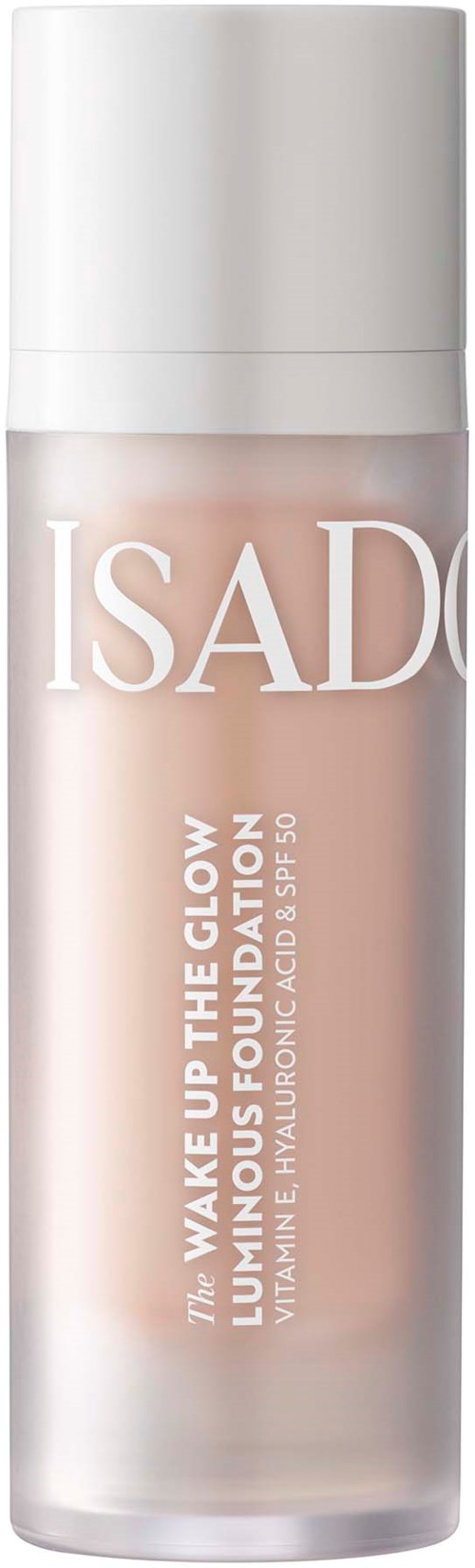 En klar flaske med hvid hætte indeholder et kosmetisk produkt kaldet 'Wake Up The Glow' af IsaDora, til glødende hud.