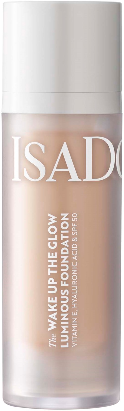 En hudplejeblender med hvid top og rosa væske i, mærket 'ISA D' og 'Wake Up the Glow'.