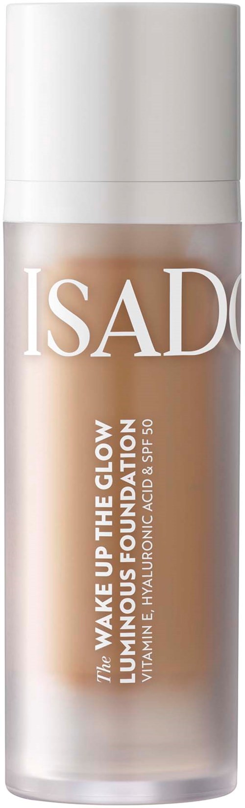 Isaderm-ihonhoitotuote kirkastamaan ja kosteuttamaan ihoa aurinkosuojalla. Valkoinen kansi, läpinäkyvä pullo, beige neste.