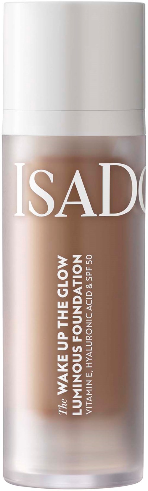 Isadore-huollotehdaspullo, jossa on valkoinen korkki ja beige neste.