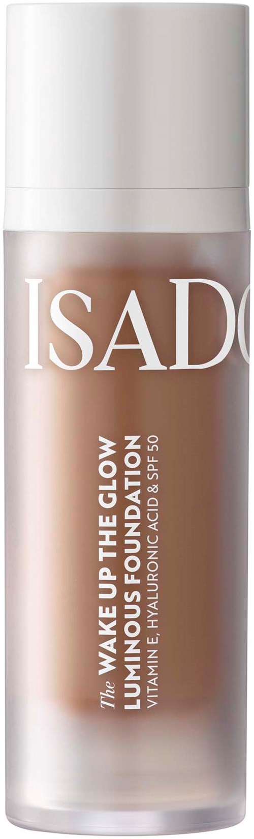 ISADORE-skincarepullo, jossa valkoinen korkki ja pumppu, persikanväristä nestettä sisällä, ja teksti etikettissä.