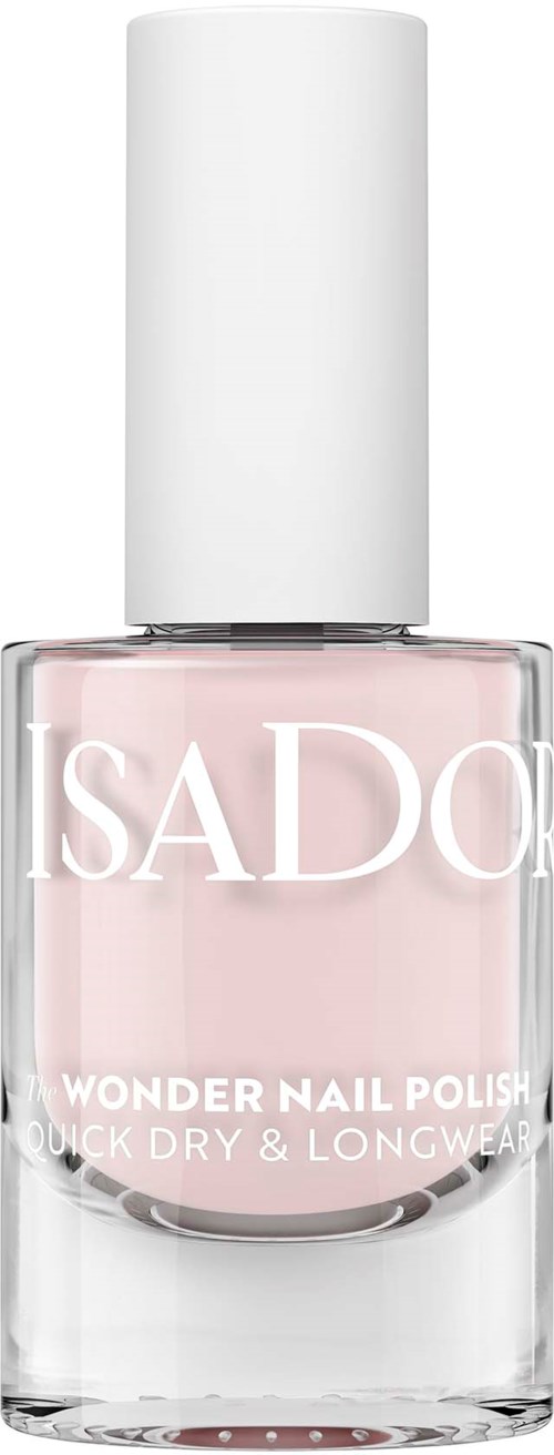 SADO Wonder Nail Polish -pullossa, vaaleanpunainen väri, valkoinen kansi. Etiketti sanoo nopea kuivuminen ja pitkäkestävyys.