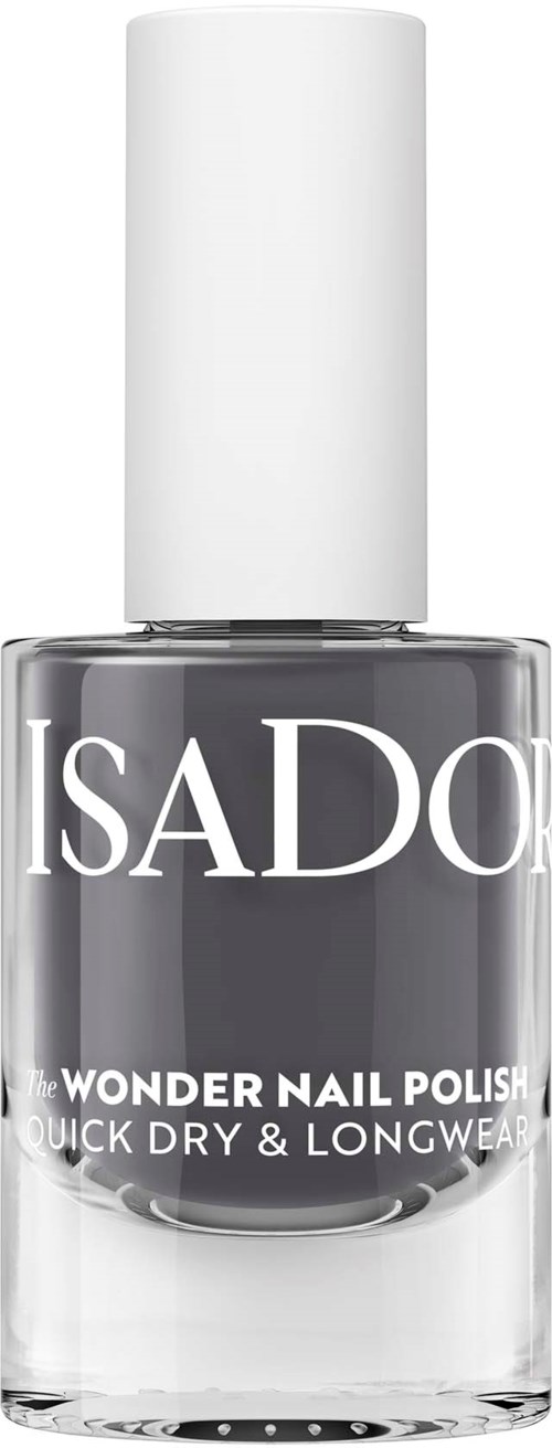 Een flesje donkergrijze nagellak met witte dop en label, toont het merk ISADORA en productinformatie.