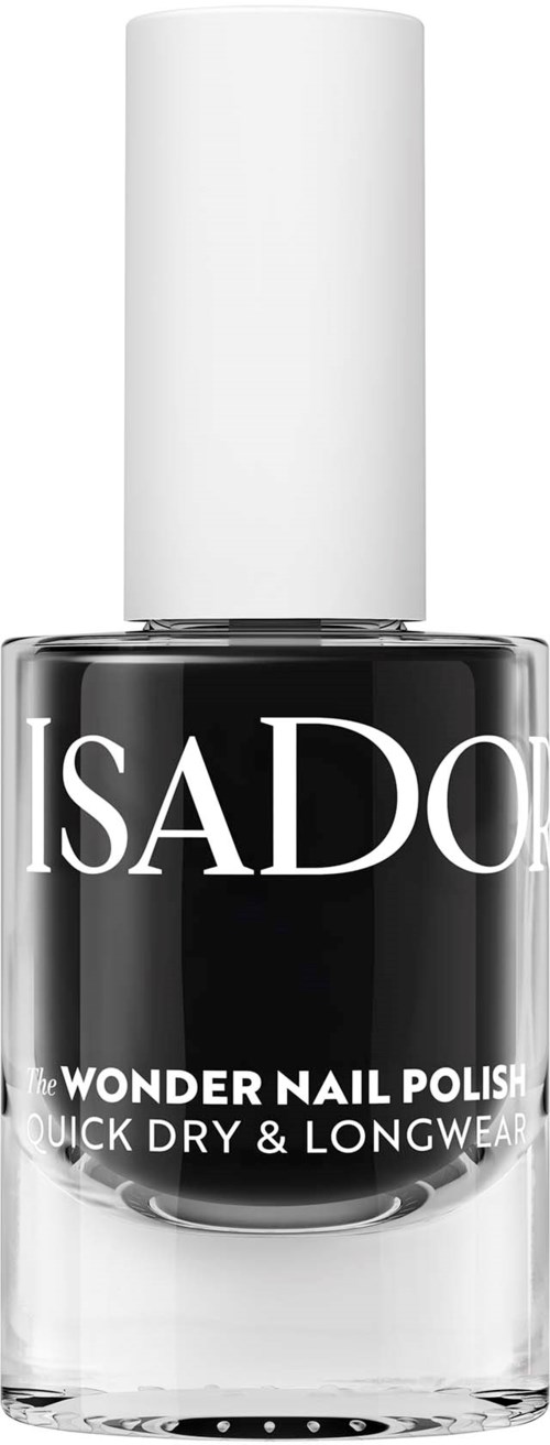 Eine schwarze Nagellackflasche mit weißem Deckel, Marke Isadora Wonder Nail Polish, schnell trocknend, langlebig.