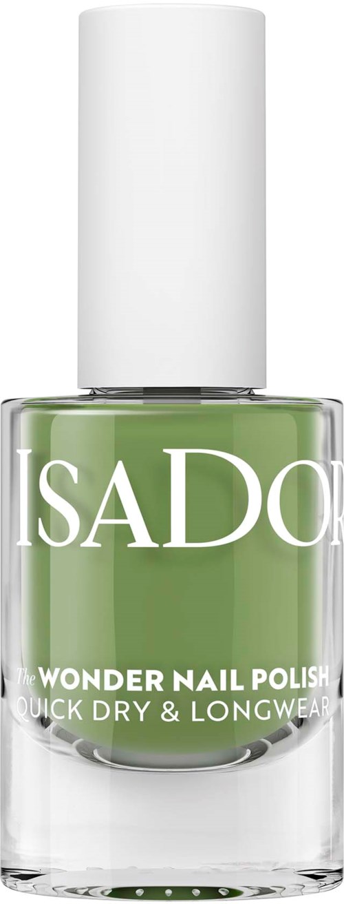 Vihreä kynsilakka läpinäkyvässä pullossa, jossa valkoinen korkki, merkitty 'SADO Wonder Nail Polish'.
