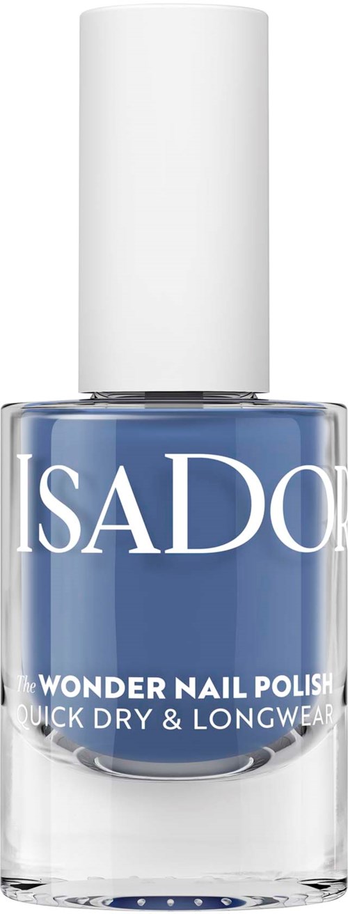 Sininen kynsilakkapullo, jossa valkoinen kansi, merkintä 'ISADORE' ja 'WONDER NAIL POLISH'.