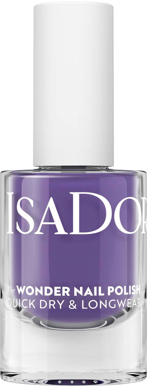 A bottle of ISADOR nail polish in purple color with white cap. The label says it is quick, dry, and long-wearing.