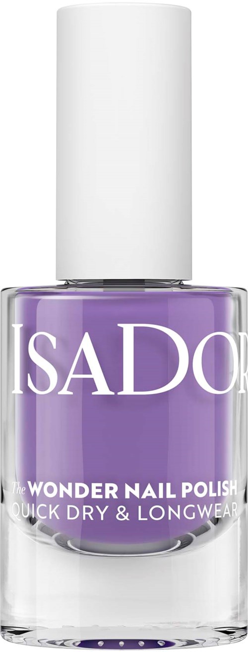 Violetti kynsilakkapullo, jossa on valkoinen kansi ja valkoinen teksti ISADORE, Wonder Nail Polish, nopea kuivuus.