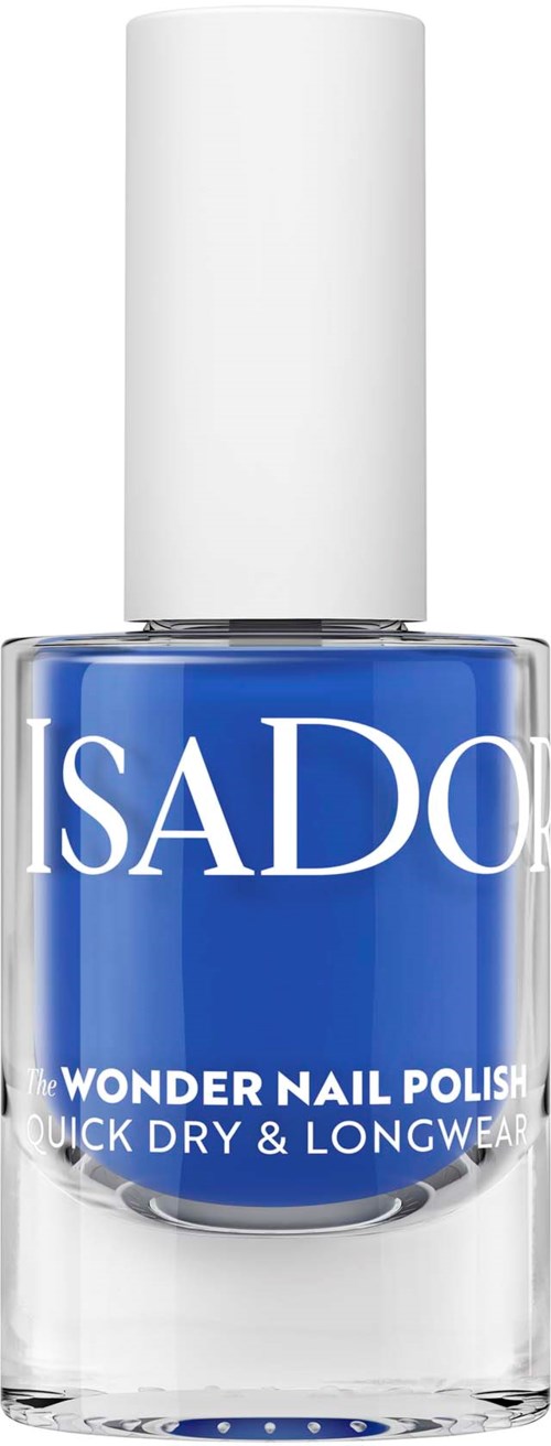 Eine blaue Nagellackflasche mit weißem Deckel und weißem Text, beschriftet "SADO Wonder Nail Polish."