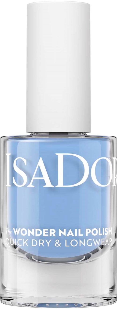 Läpinäkyvssä pullossa SADO Wonder Nail Polish vaaleansinisellä värillä, valkoinen kansi ja teksti.