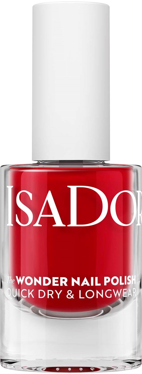 Eine rote Nagellackflasche mit weißem Deckel, beschriftet 'SADO' und 'Wonder Nail Polish.'