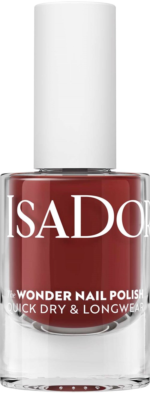 Punainen kynsilakka kirkkaassa pullossa, jossa on valkoinen kansi. Tuotemerkki on ISADORE, ja siinä lukee 'Wonder Nail Polish'.