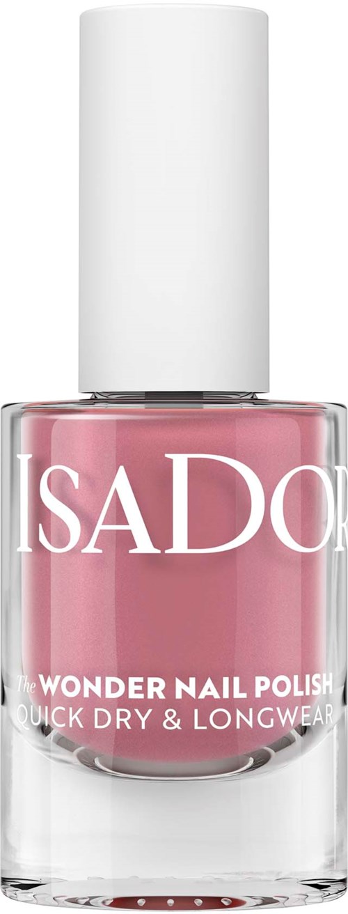 Rosa nagellackflaska med vitt lock, märkt 'SADO' och 'Wonder Nail Polish, quick dry & longwear.'