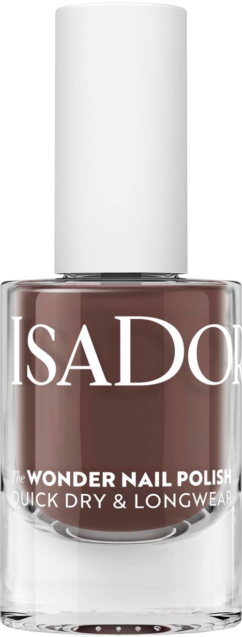 Ruskea kynsilakkapullo, jossa valkoinen korkki, merkitty 'I SADO' ja 'WONDER NAIL POLISH', nopea ja pitkäkestoinen.