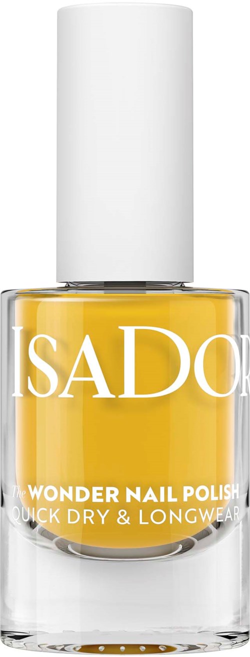 Gelber Nagellack in einer klaren Glasflasche mit weißem Deckel, beschriftet 'SADO Wonder Nail Polish'.