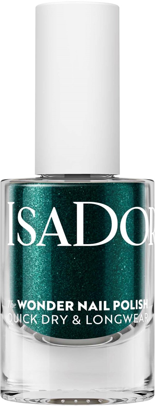 En flaska med ISADORA Wonder Nail Polish i en turkos, glittrande nyans med vit lock, märkt snabbtorkande och långvarigt.