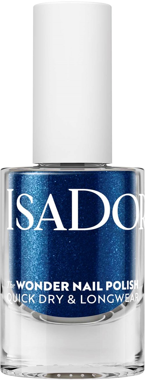Blå nagellack i en genomskinlig glasflaska med vit topp, märkt ISADORE Wonder Nail Polish.