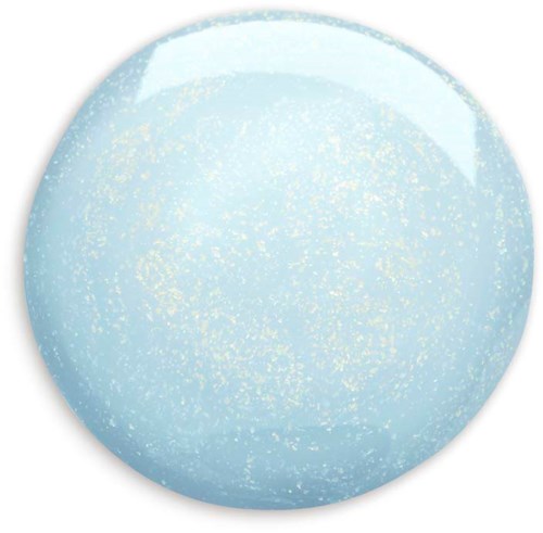 En rund, ljusblå kosmetisk produkt med glitterig, glänsande yta.