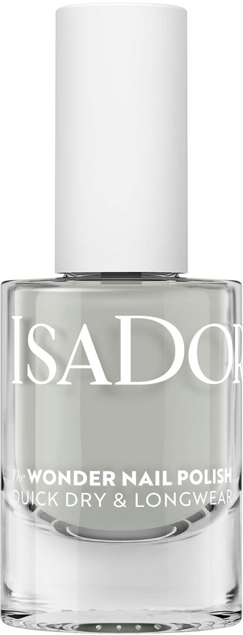 En klar nagellacksflaska med vit lock, märkt Wonder Nail Polish, snabb tork och långvarig av Isadora.