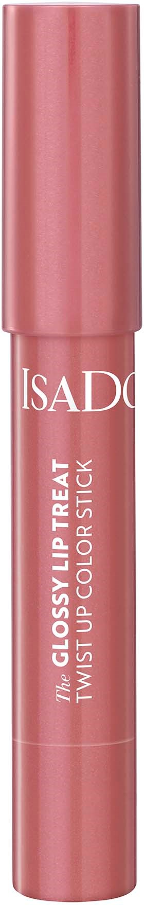 A pink lipstick tube with white text, showing the brand Isad, and it is called Glossy Lip Treat.