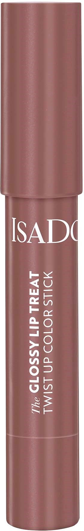 Vaaleanpunainen huulivoide, jossa valkoinen teksti, nimeltä 'ISAD' ja 'Glossy Lip Treat.'