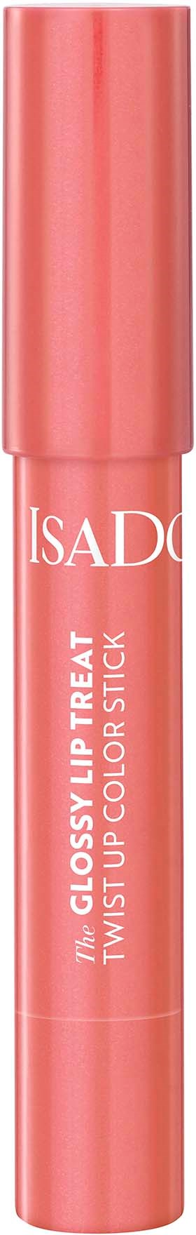 En rosa läppglans-stift med vitt text som säger 'Glossy Lip Treat' och 'Twist Up Color Stick'.