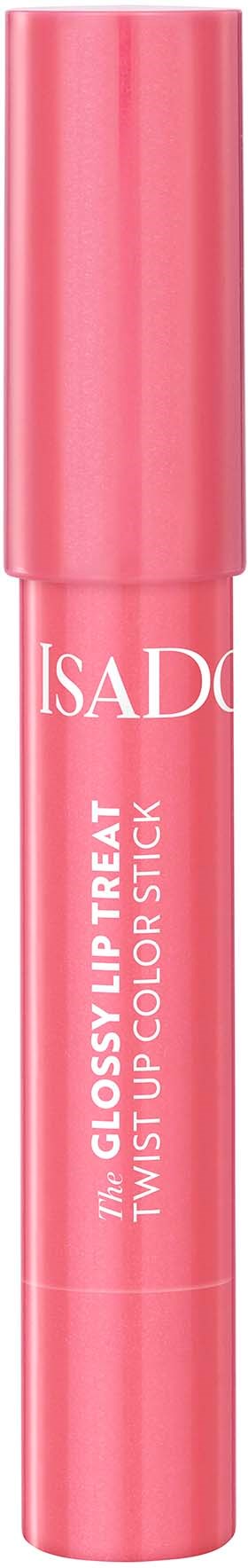 Pinkki huulipunapuna, jossa valkoinen teksti: "IsaD" ja "Twist Up Color Stick."