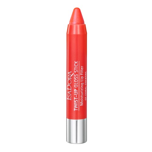 En rød leppepomade med sølvbunn, merket "ISADORA TWIST UP GLOSS STICK," for å fukte leppene.