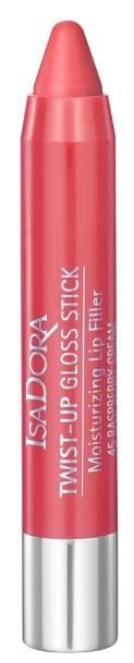 Et rosa leppeglansstift med sølvbunn, merket IsaDora Twist-Up Gloss Stick Lip Filler.
