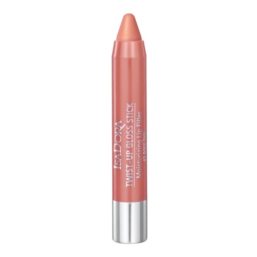 En ferskenfarget leppepomade med sølvbunn, merket "ISADORA" og "Twist-up gloss stick."