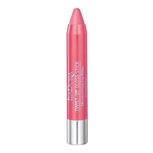 Rosa leppestift med sølvbunn, merket 'IsaDora' og 'Twist-Up Gloss Stick'.