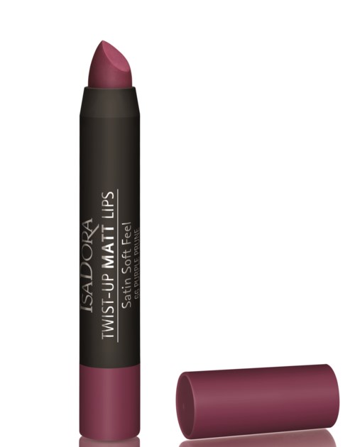 En rosa-läppstift med svart och rosa skal, märkt 'IsaDora Twist-Up Matt Lips'.