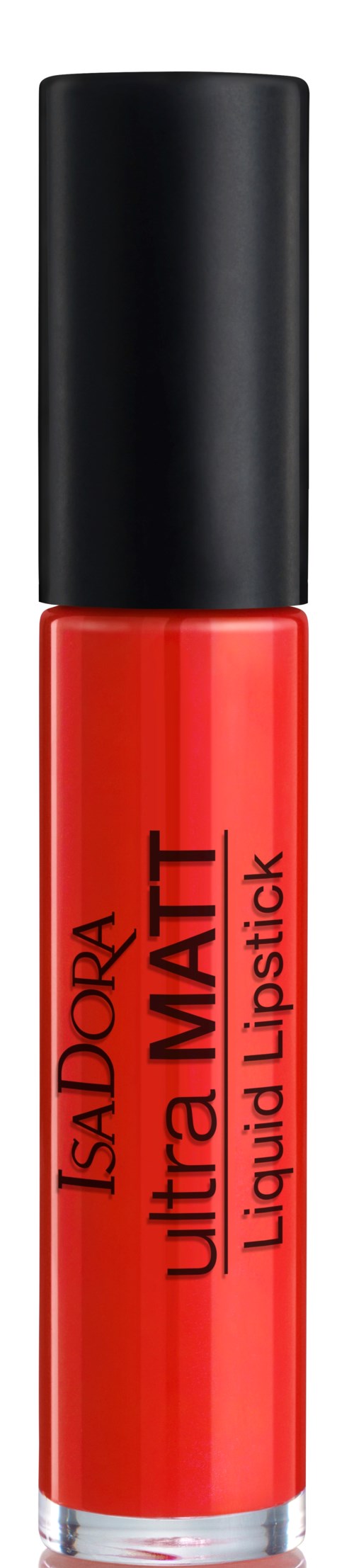 En röd läppstift med svart lock, märkt "Isadora Ultra Matt Liquid Lipstick".