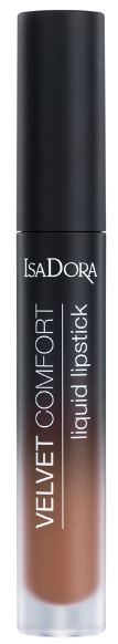 En tub av IsaDora Velvet Comfort flytande läppstift, svart lock, med ljusbrunt färg visas genom fönstret.