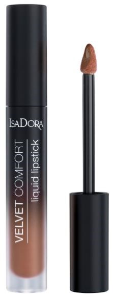 Läppglanstub och applikator med brunt skimmer och svart lock. Text på tuben: Velvety Comfort liquid lipstick.